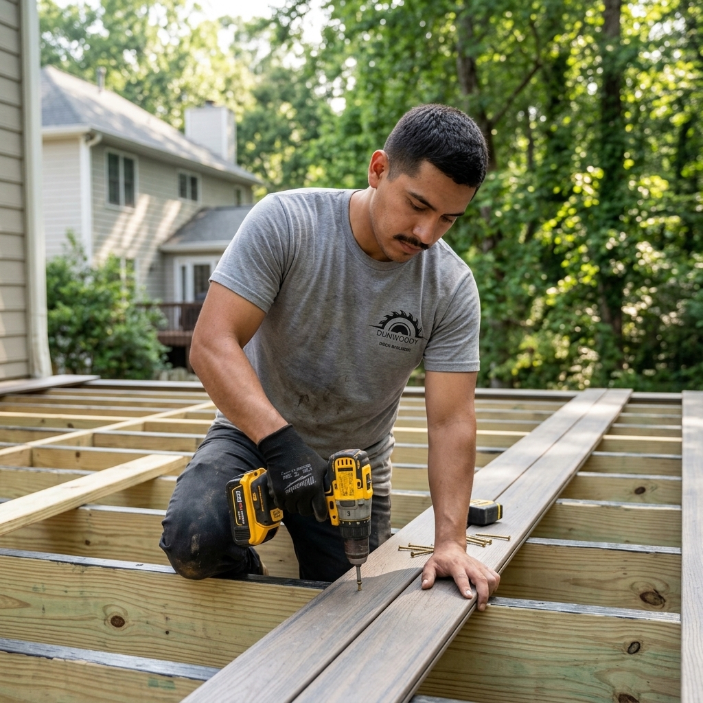 Installer securing composite decking boards on a Dunwoody GA deck build
