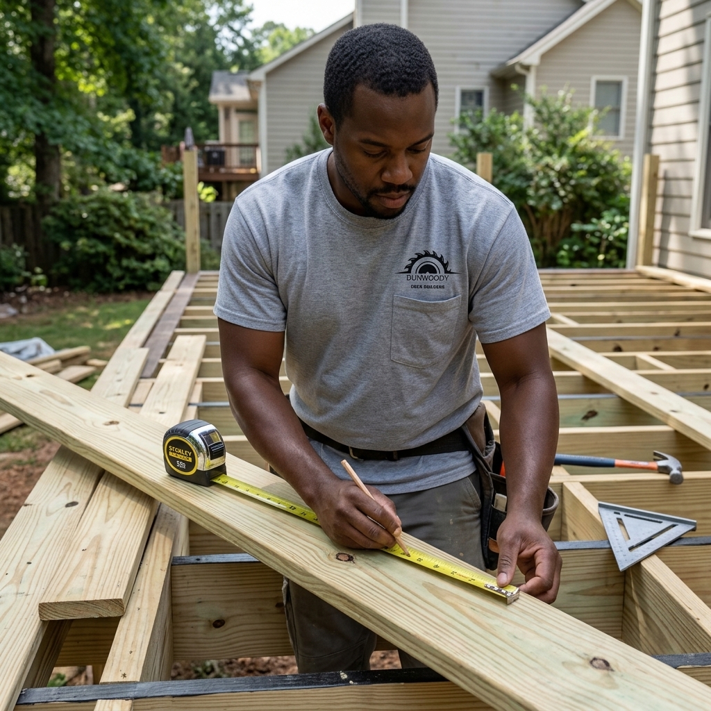 Crew measuring for a multi-level deck build on a sloped Dunwoody GA lot