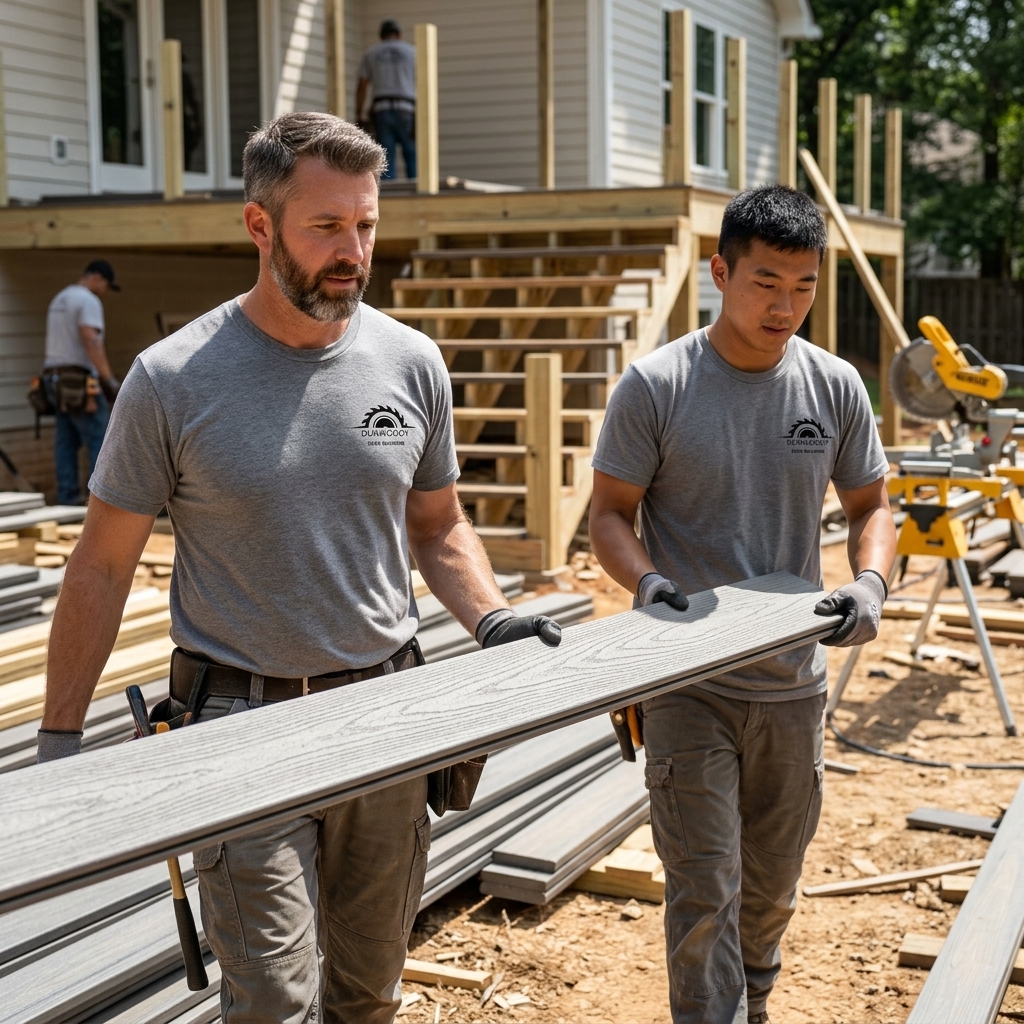 Crew carrying decking boards on a Dunwoody GA jobsite