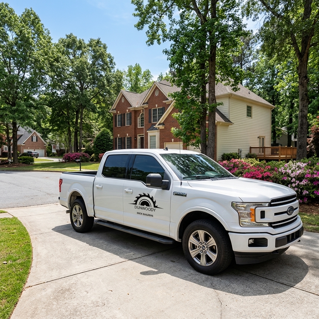 Dunwoody Deck Builders branded truck on a job in Dunwoody GA